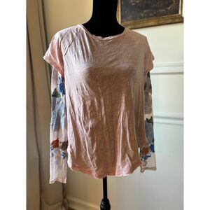FREE PEOPLE Embroidered Sheer Sleeves Blush Pink Shirt Top Size S/M/L